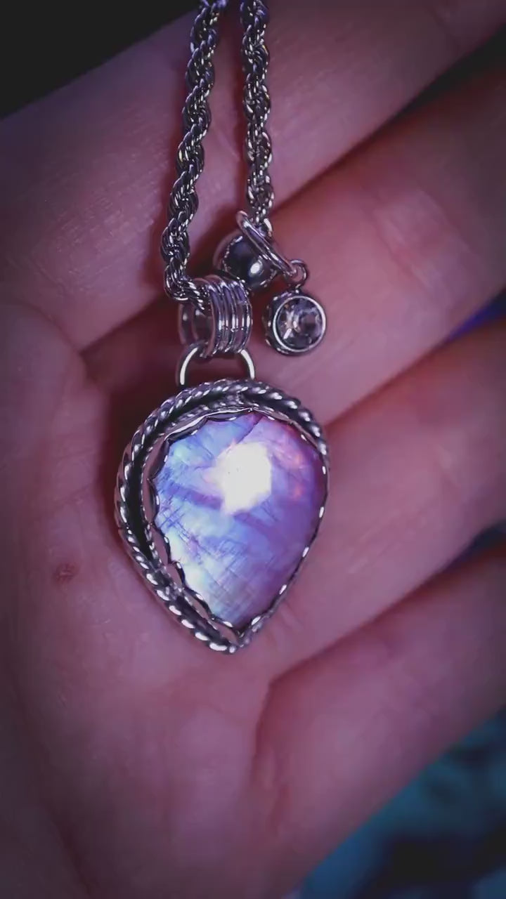 Handmade and bespoke, pink rainbow moonstone, sterling silver pendant necklace - jewellery and crystal gifts