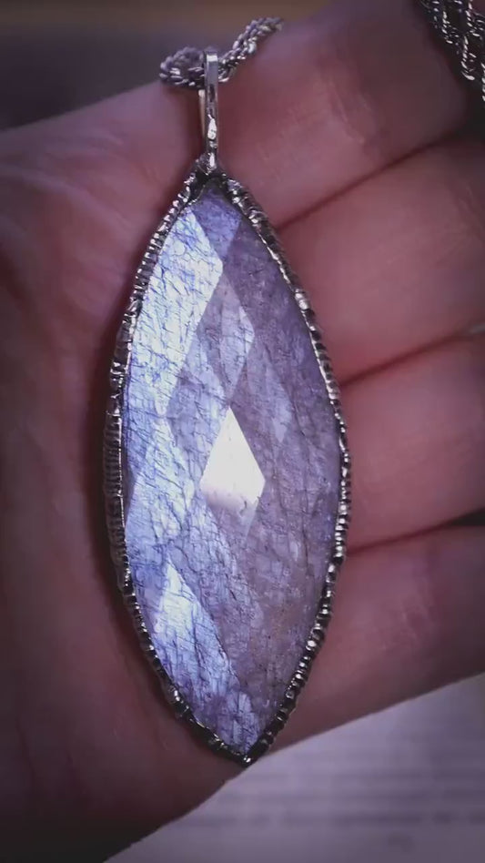 Handmade, rose cut belomorite moonstone, soft soldered pendant necklace - crystal jewellery gifts for her