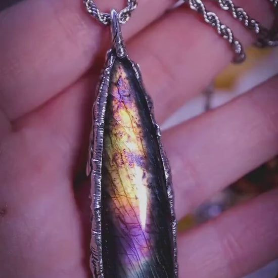 Handmade flashy purple, green and grey labradorite spectrolite soft soldered pendant - witchy jewellery, gothic style