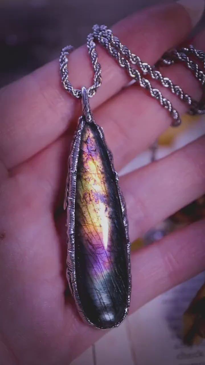 Handmade flashy purple, green and grey labradorite spectrolite soft soldered pendant - witchy jewellery, gothic style