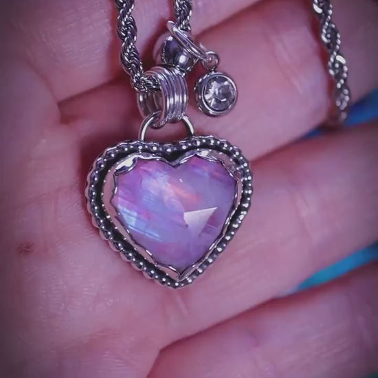 Handmade and bespoke, pink rainbow moonstone heart, sterling silver pendant necklace - jewellery and crystal gifts