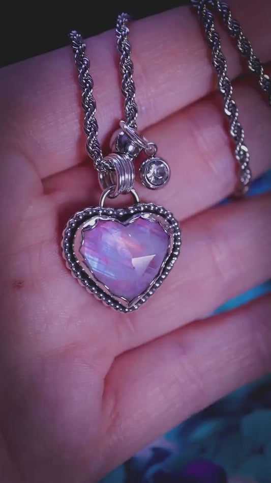 Handmade and bespoke, pink rainbow moonstone heart, sterling silver pendant necklace - jewellery and crystal gifts