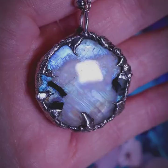 Handmade, flashy rainbow moonstone, soft soldered pendant necklace - gothic crystal jewellery gifts