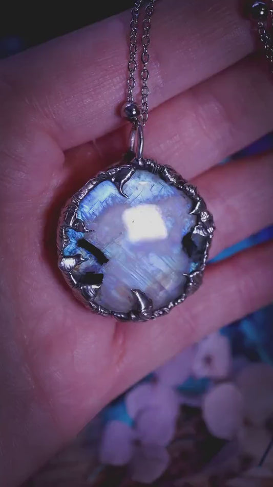 Handmade, flashy rainbow moonstone, soft soldered pendant necklace - gothic crystal jewellery gifts