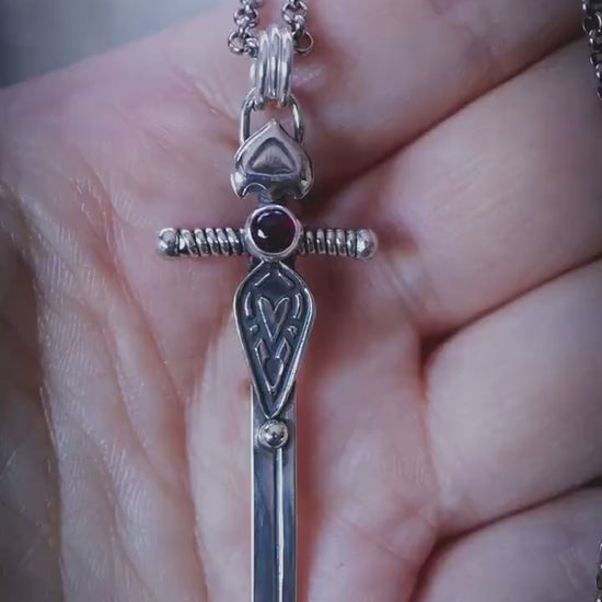 Handmade and unique, Garnet crystal, sterling silver, sword necklace - Made to order bohemian crystal jewellery gifts