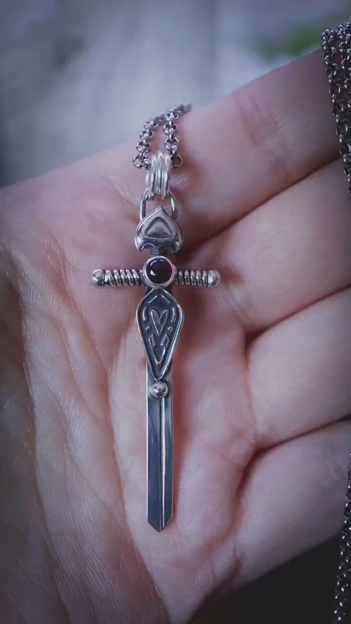 Handmade and unique, Garnet crystal, sterling silver, sword necklace - Made to order bohemian crystal jewellery gifts