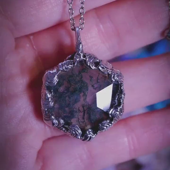Handmade, and witchy, moss agate crystal, soft soldered pendant necklace: Crystal and jewellery gifts