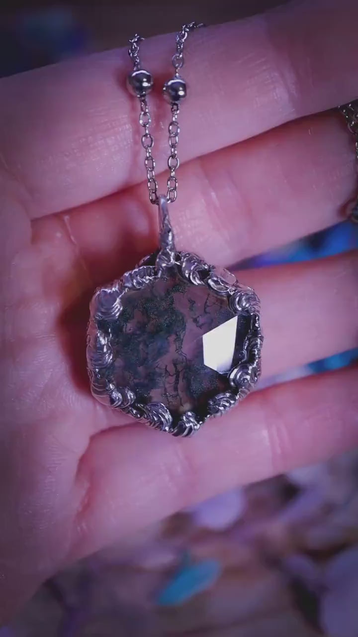 Handmade, and witchy, moss agate crystal, soft soldered pendant necklace: Crystal and jewellery gifts
