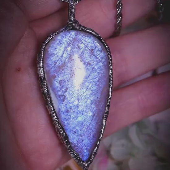 Handmade, and bespoke, belomorite moonstone, soft soldered pendant necklace: Crystal and jewellery gifts