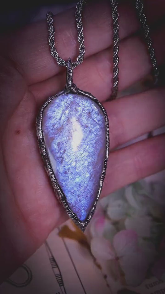 Handmade, and bespoke, belomorite moonstone, soft soldered pendant necklace: Crystal and jewellery gifts