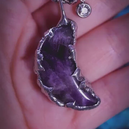Handmade and unique, Amethyst moon, soft soldered pendant necklace - jewellery and crystal gifts