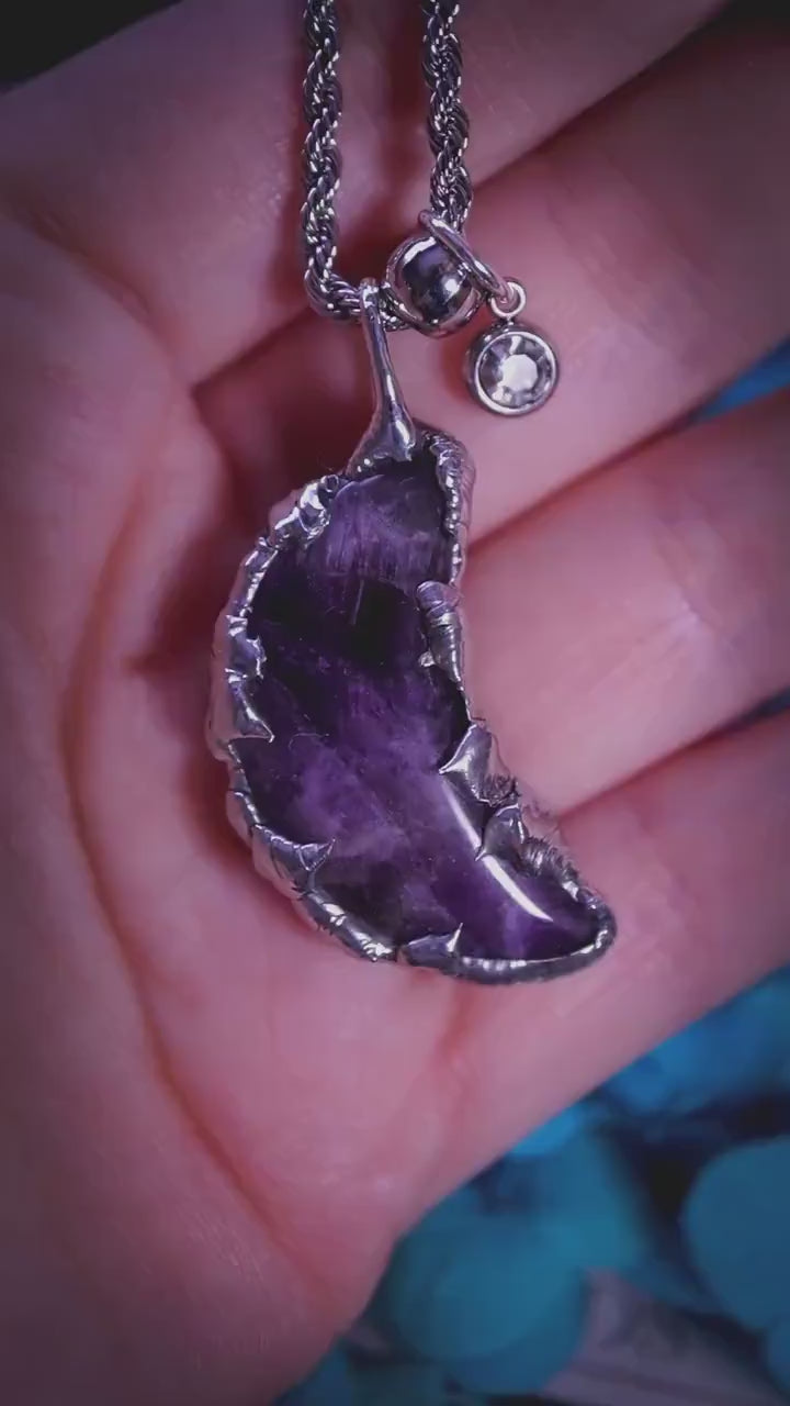 Handmade and unique, Amethyst moon, soft soldered pendant necklace - jewellery and crystal gifts