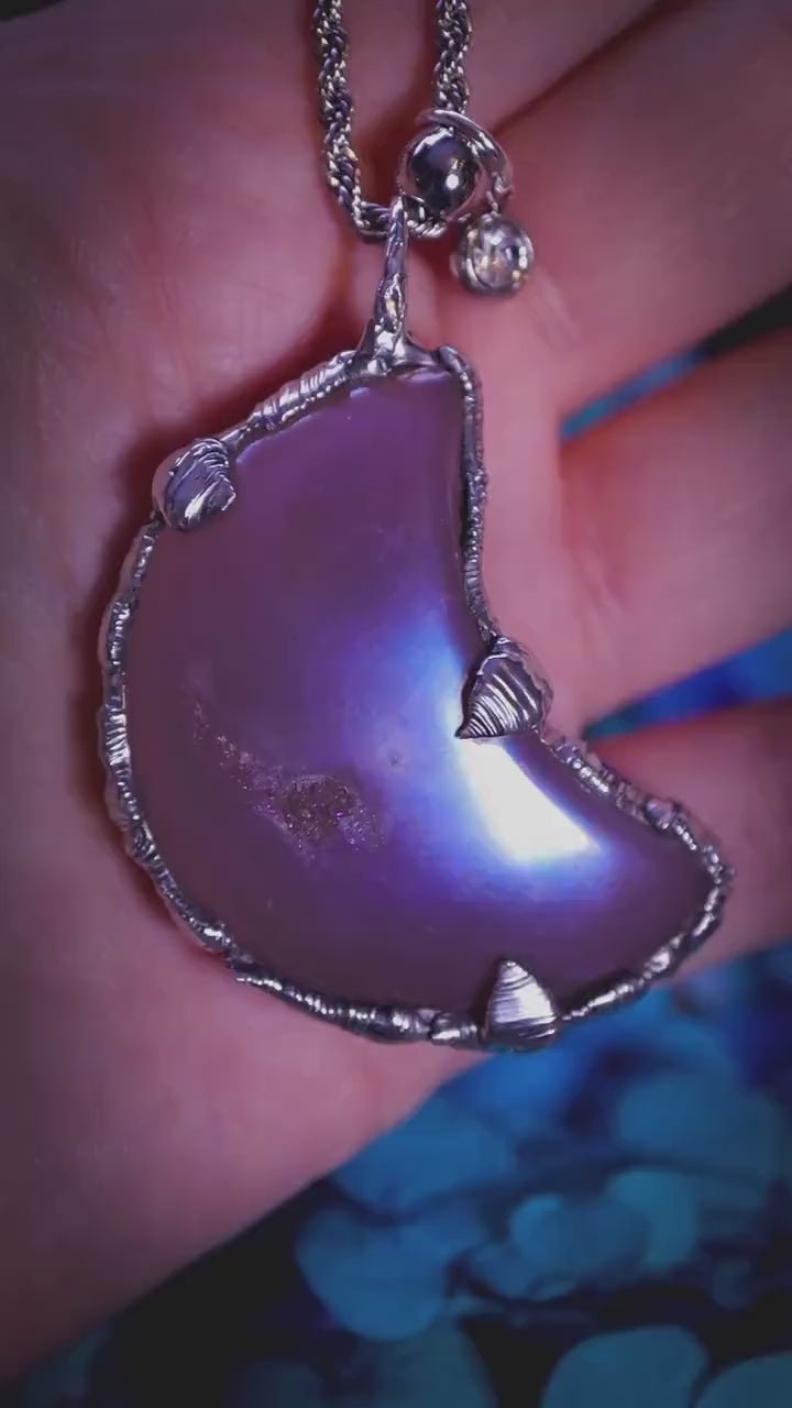 Handmade, aurora coated agate with druzy, soft soldered pendant necklace - jewellery and crystal gifts