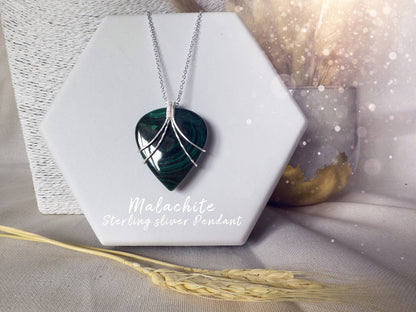 Handmade Malachite Pendant - Wrapped in 925 Sterling Silver - Wire wrap Pendant - for visualization & insight