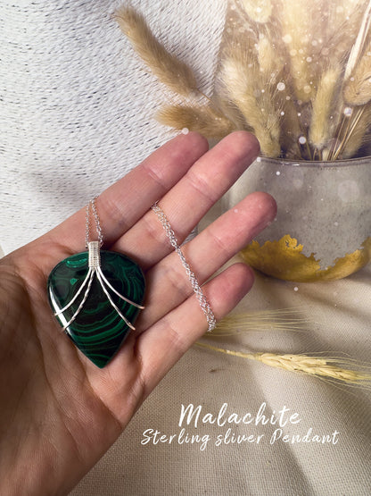 Handmade Malachite Pendant - Wrapped in 925 Sterling Silver - Wire wrap Pendant - for visualization & insight