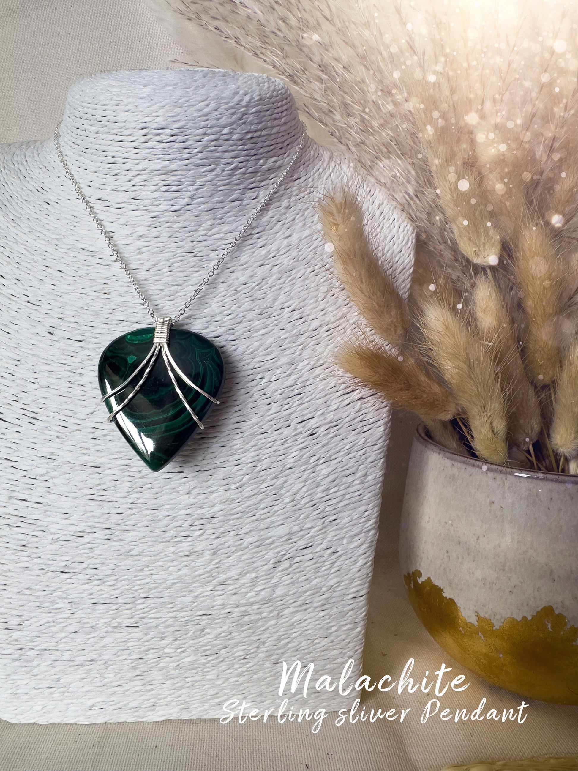 Handmade Malachite Pendant - Wrapped in 925 Sterling Silver - Wire wrap Pendant - for visualization & insight