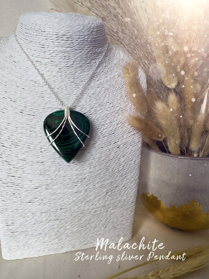 Handmade Malachite Pendant - Wrapped in 925 Sterling Silver - Wire wrap Pendant - for visualization & insight