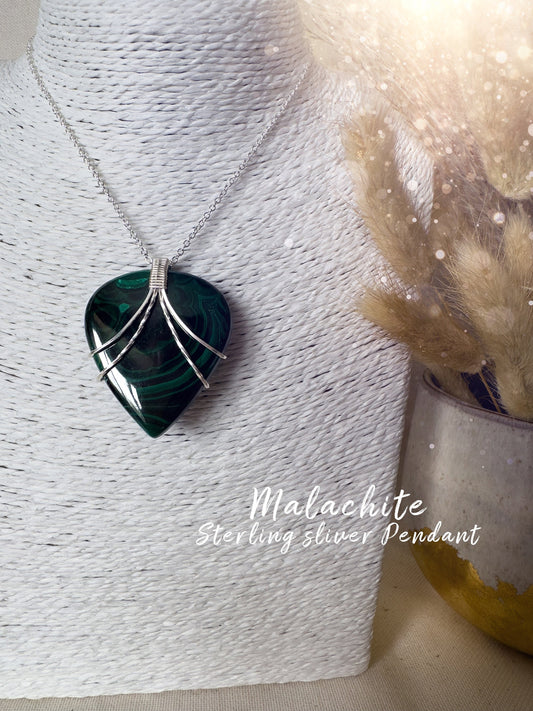 Handmade Malachite Pendant - Wrapped in 925 Sterling Silver - Wire wrap Pendant - for visualization & insight