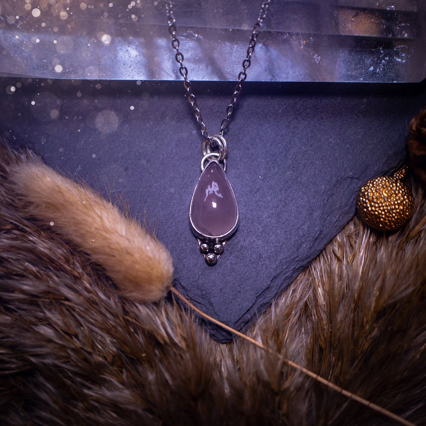 Gorgeous pink, rose quartz, handmade pendant. This beautiful piece of jewellery has been crafted with love and care and is made from a mix of fine and 925 sterling silver. The idea gift for that special person.