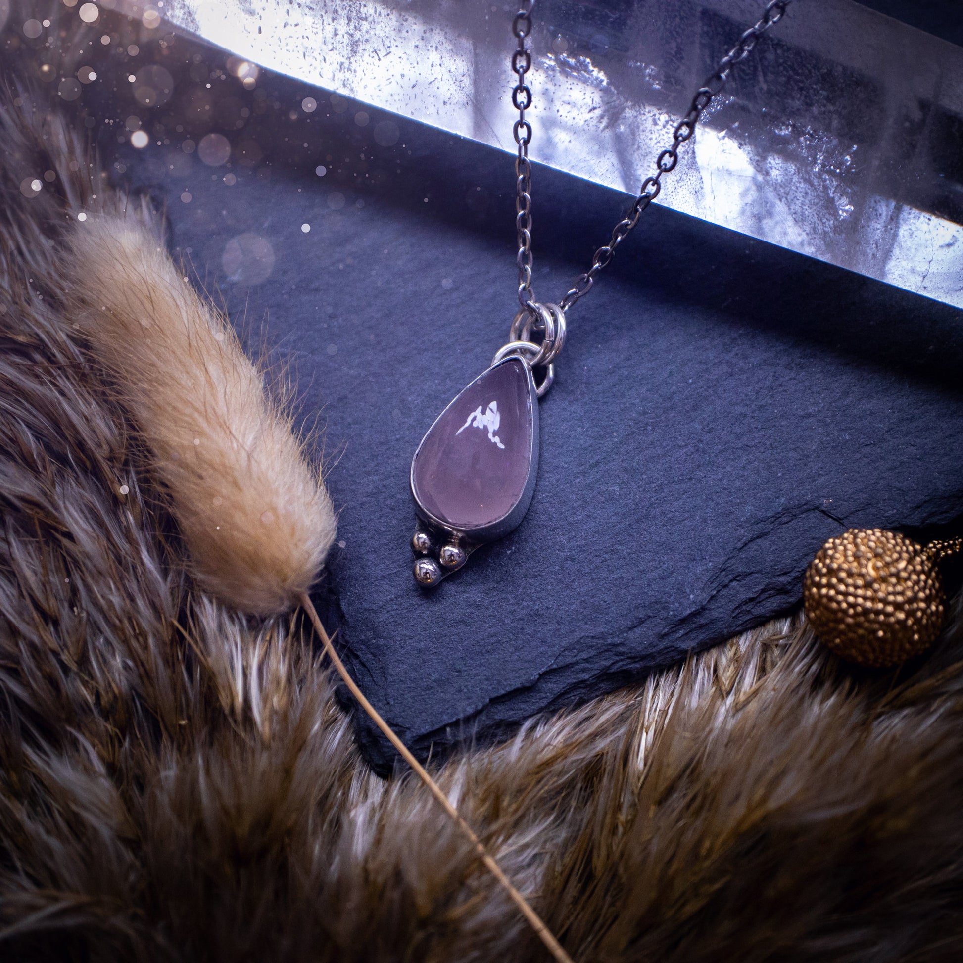 Gorgeous pink, rose quartz, handmade pendant. This beautiful piece of jewellery has been crafted with love and care and is made from a mix of fine and 925 sterling silver. The idea gift for that special person.