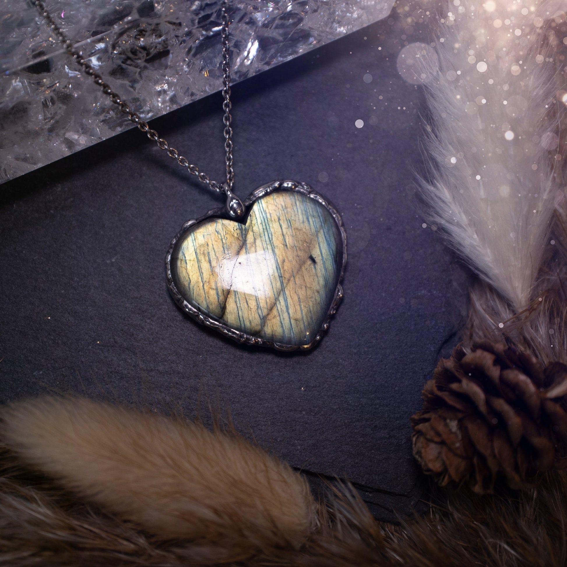 Autumn green and yellow, labradorite heart, soft soldered pendant - witchy jewellery, gothic style