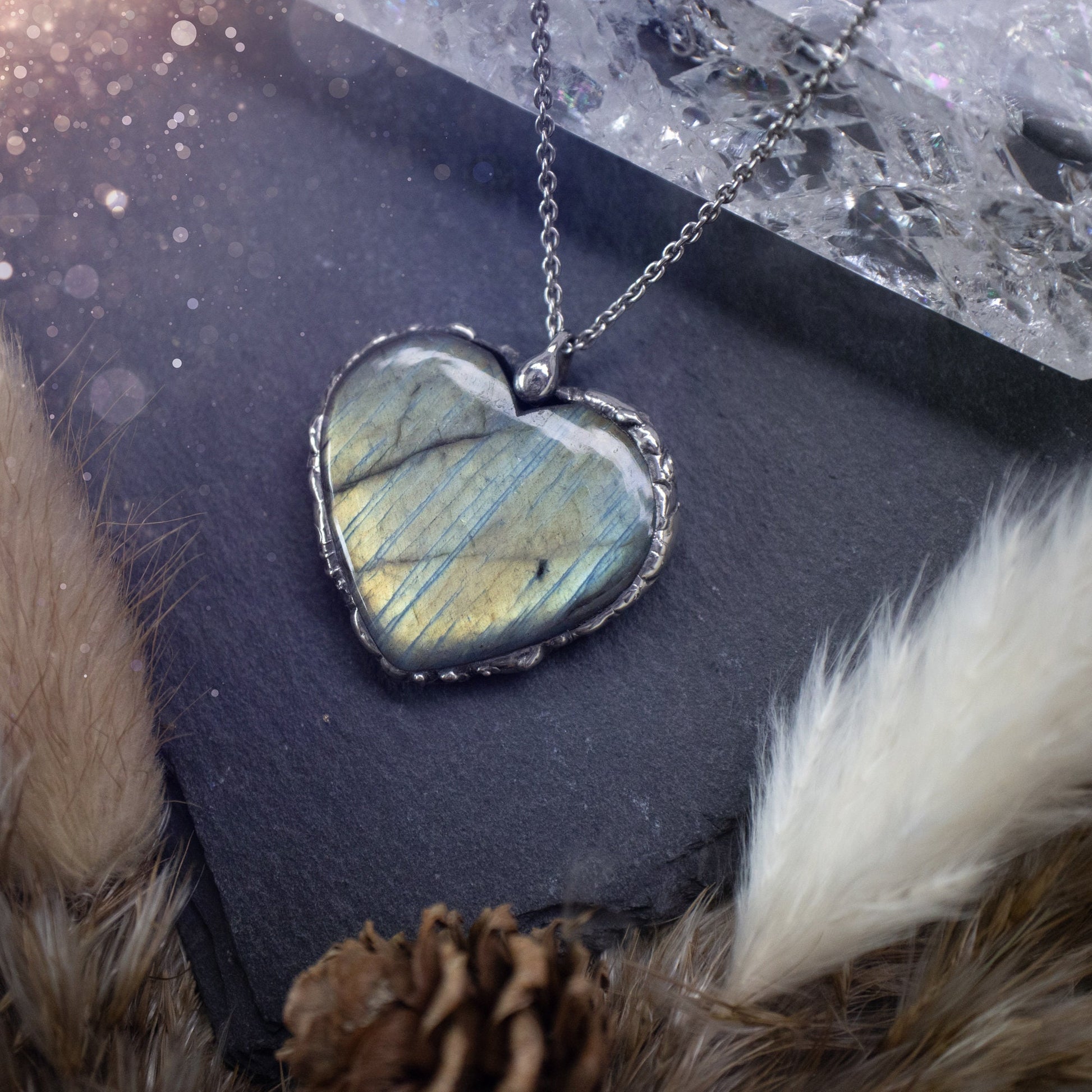 Autumn green and yellow, labradorite heart, soft soldered pendant - witchy jewellery, gothic style