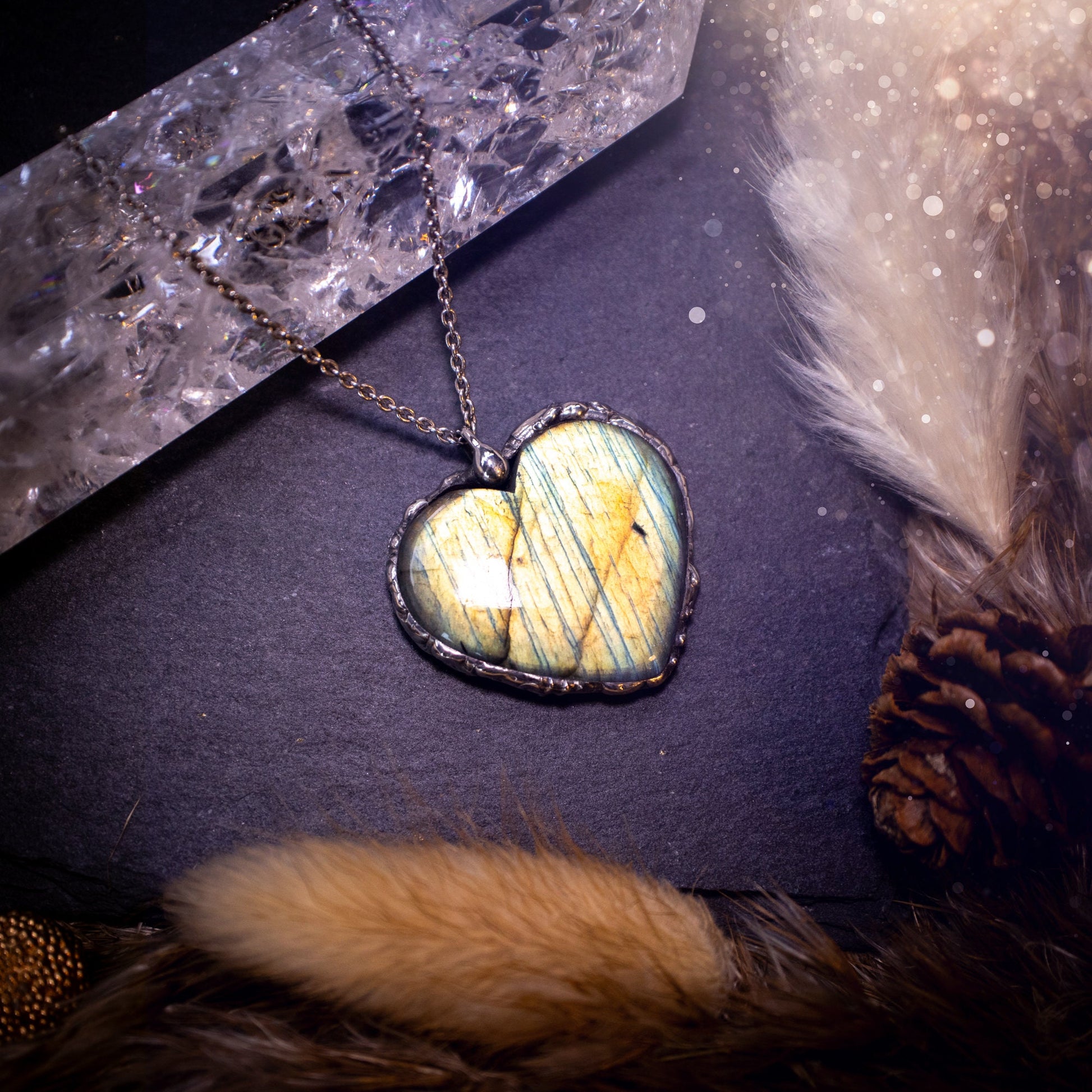 Autumn green and yellow, labradorite heart, soft soldered pendant - witchy jewellery, gothic style