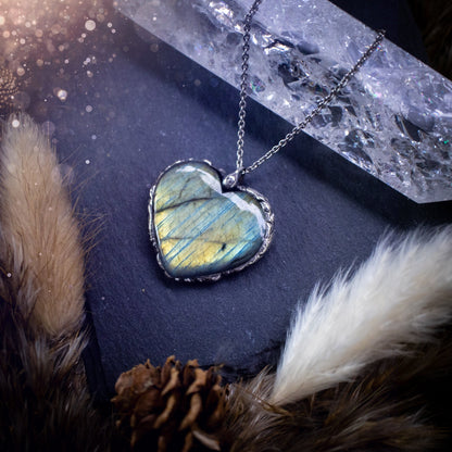 Autumn green and yellow, labradorite heart, soft soldered pendant - witchy jewellery, gothic style