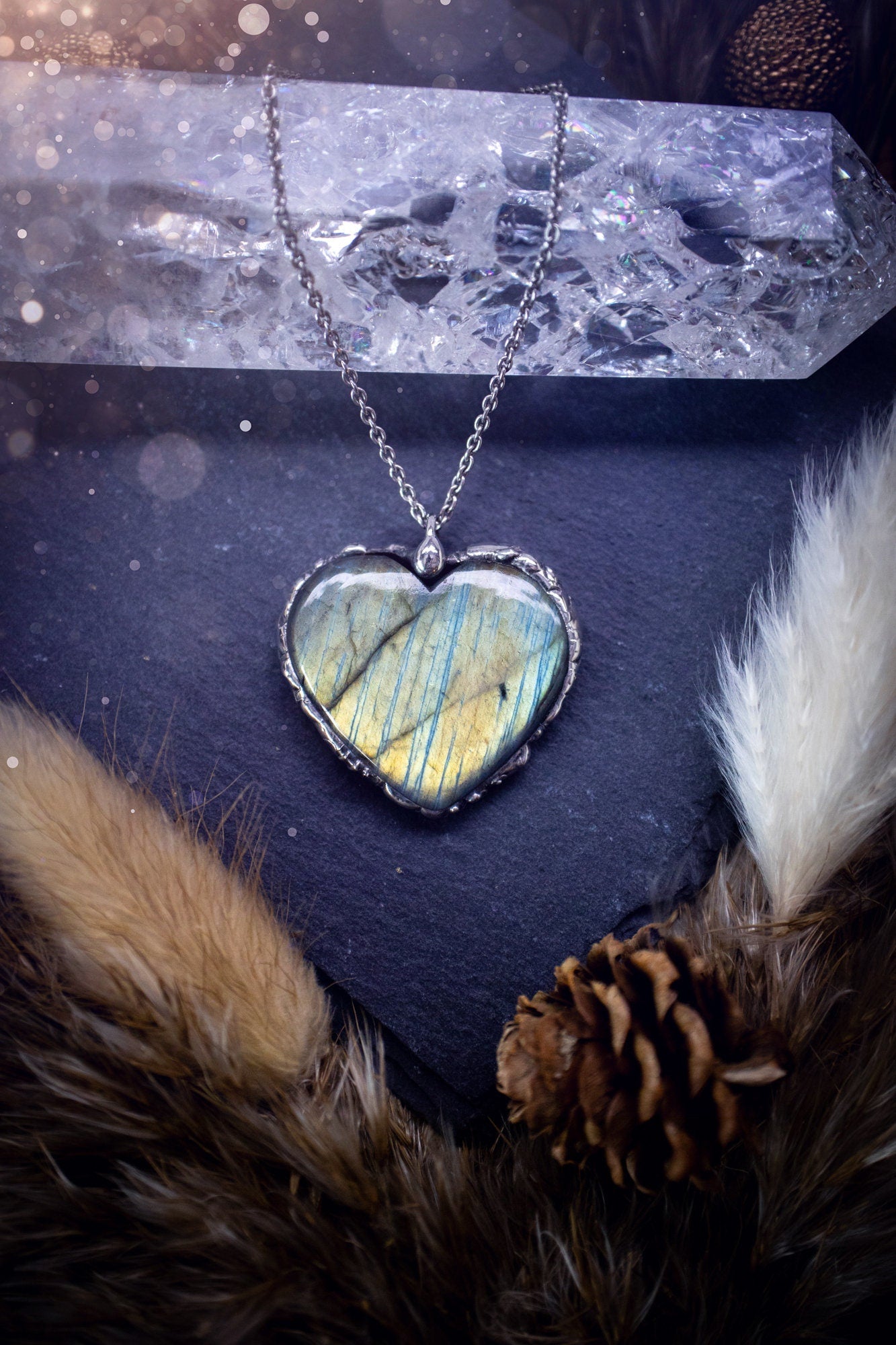 Autumn green and yellow, labradorite heart, soft soldered pendant - witchy jewellery, gothic style