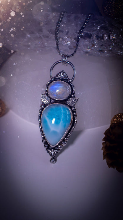 Gorgeous Larimar and Rainbow moonstone multi stone, pendant necklace. Made from a mix of fine and sterling silver with elegant fine detail of small fan components and silver balls. The ideal gift for any crystal lover, gifts for her.