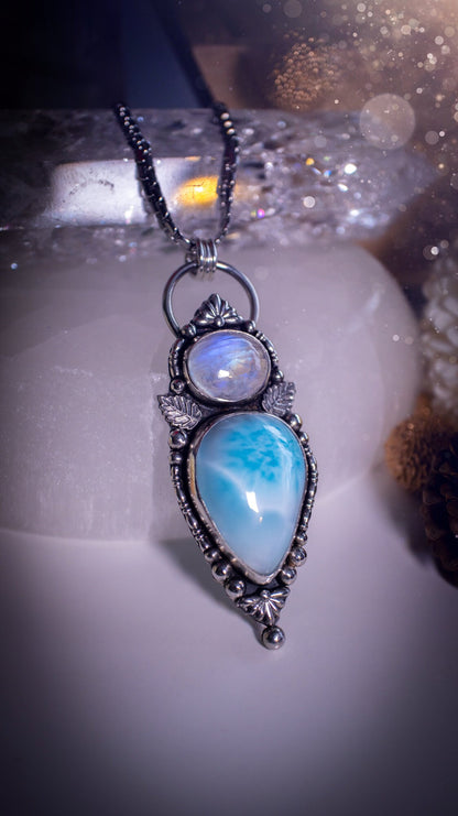 Gorgeous Larimar and Rainbow moonstone multi stone, pendant necklace. Made from a mix of fine and sterling silver with elegant fine detail of small fan components and silver balls. The ideal gift for any crystal lover, gifts for her.