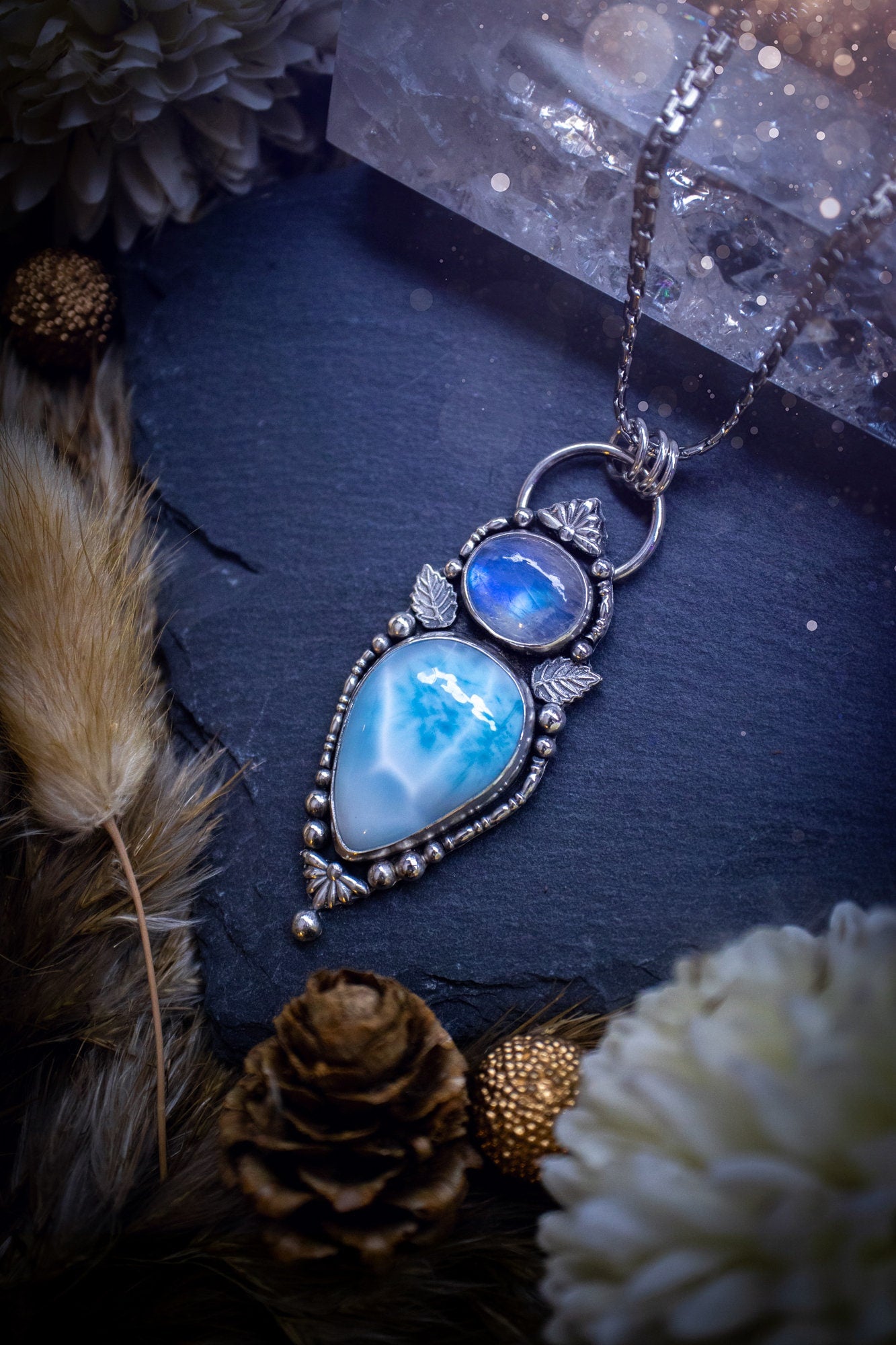 Gorgeous Larimar and Rainbow moonstone multi stone, pendant necklace. Made from a mix of fine and sterling silver with elegant fine detail of small fan components and silver balls. The ideal gift for any crystal lover, gifts for her.