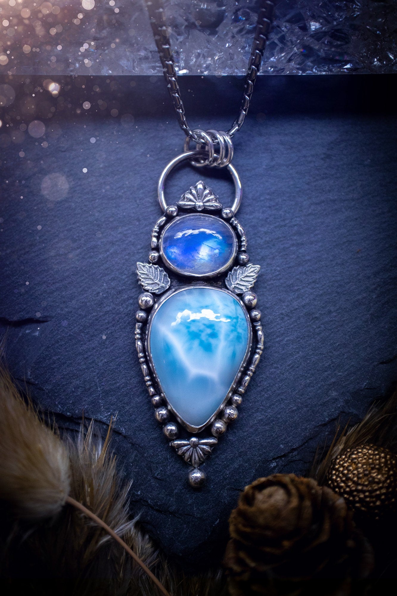 Gorgeous Larimar and Rainbow moonstone multi stone, pendant necklace. Made from a mix of fine and sterling silver with elegant fine detail of small fan components and silver balls. The ideal gift for any crystal lover, gifts for her.