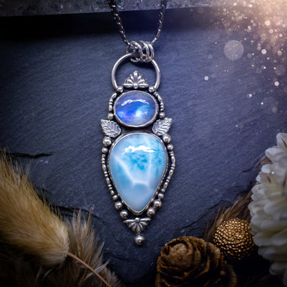 Gorgeous Larimar and Rainbow moonstone multi stone, pendant necklace. Made from a mix of fine and sterling silver with elegant fine detail of small fan components and silver balls. The ideal gift for any crystal lover, gifts for her.