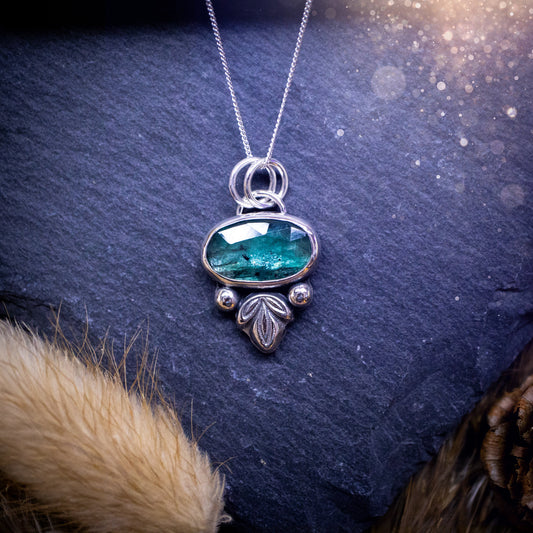 Made to order - Stunning, handmade, Teal Kyanite crystal, sterling silver pendant. Teal Kyanite pendant made to order and handmade by myself with love and care. It features a beautiful, rose cut, natural teal, kyanite gemstone that has an array of sea greens, blues and a gorgeous sparkle! Ideal gift for jewellery lover
