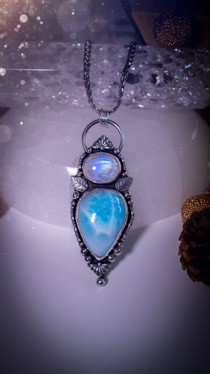 Gorgeous Larimar and Rainbow moonstone multi stone, pendant necklace. Made from a mix of fine and sterling silver with elegant fine detail of small fan components and silver balls. The ideal gift for any crystal lover, gifts for her.