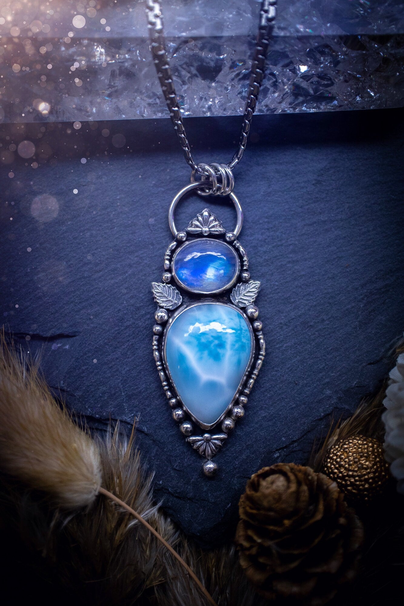 Gorgeous Larimar and Rainbow moonstone multi stone, pendant necklace. Made from a mix of fine and sterling silver with elegant fine detail of small fan components and silver balls. The ideal gift for any crystal lover, gifts for her.