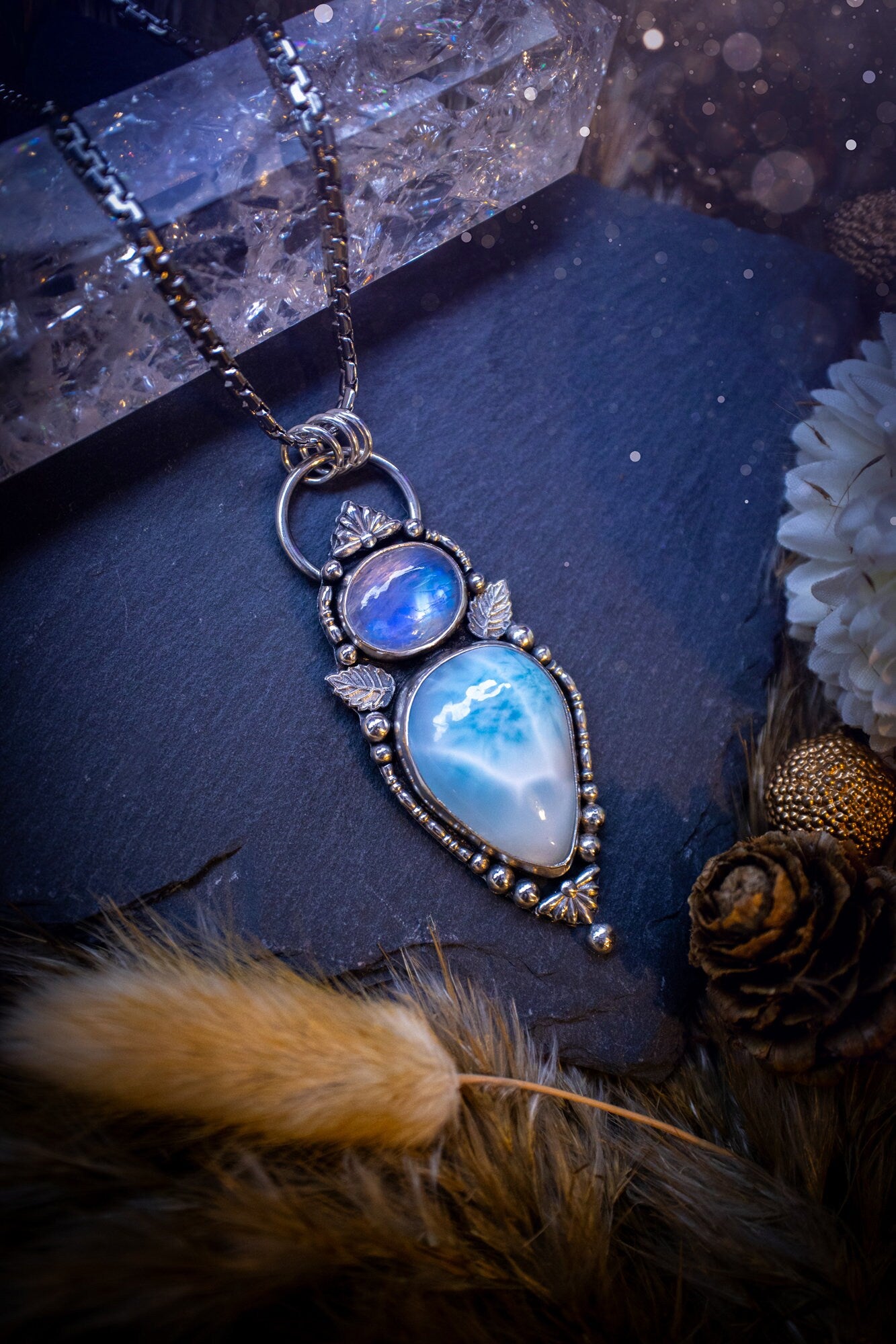 Gorgeous Larimar and Rainbow moonstone multi stone, pendant necklace. Made from a mix of fine and sterling silver with elegant fine detail of small fan components and silver balls. The ideal gift for any crystal lover, gifts for her.