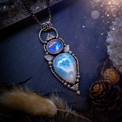 Gorgeous Larimar and Rainbow moonstone multi stone, pendant necklace. Made from a mix of fine and sterling silver with elegant fine detail of small fan components and silver balls. The ideal gift for any crystal lover, gifts for her.